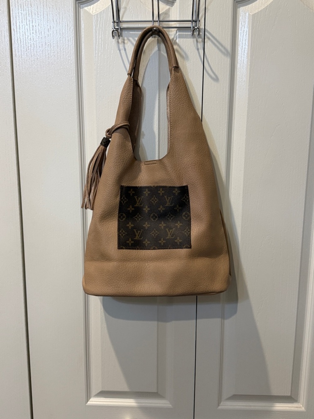 Designer-Inspired Tan Faux Leather Hobo Bag with Monogram Patch